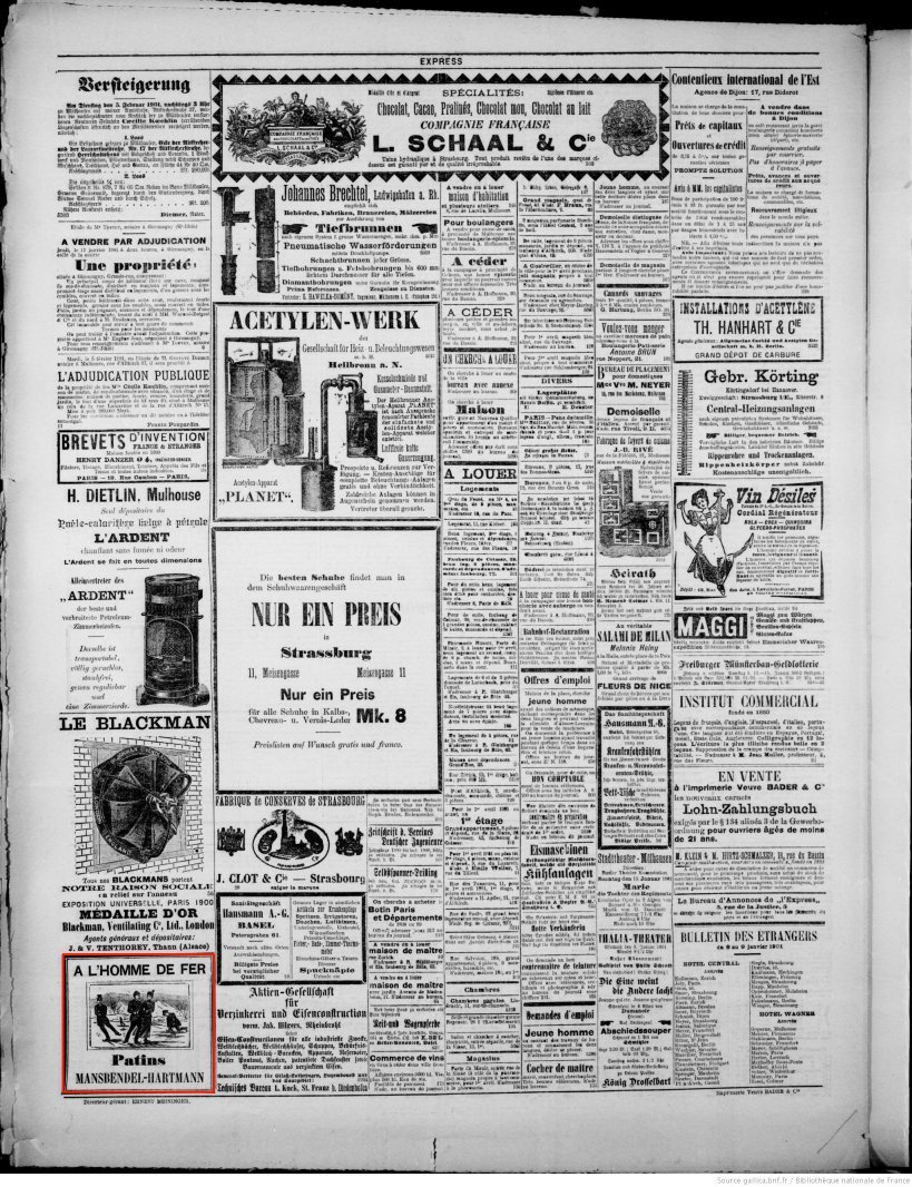 Journal L'Express de Mulhouse du 9 janvier 1901 (p.4) : patins à glace.